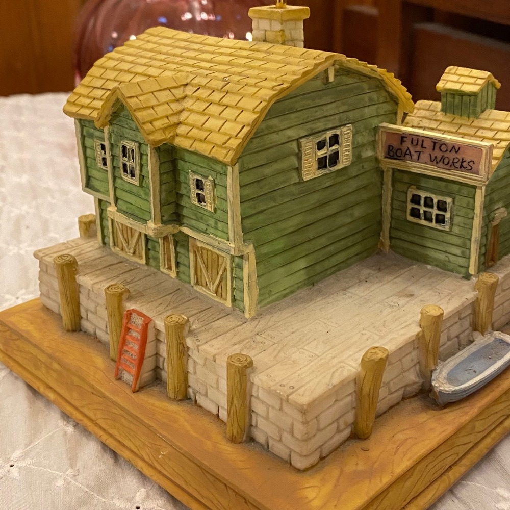 12" Glama "Fulton Boat Works" Music Box Rotating Hot Air Balloon Resin Diorama - Picture 8 of 11